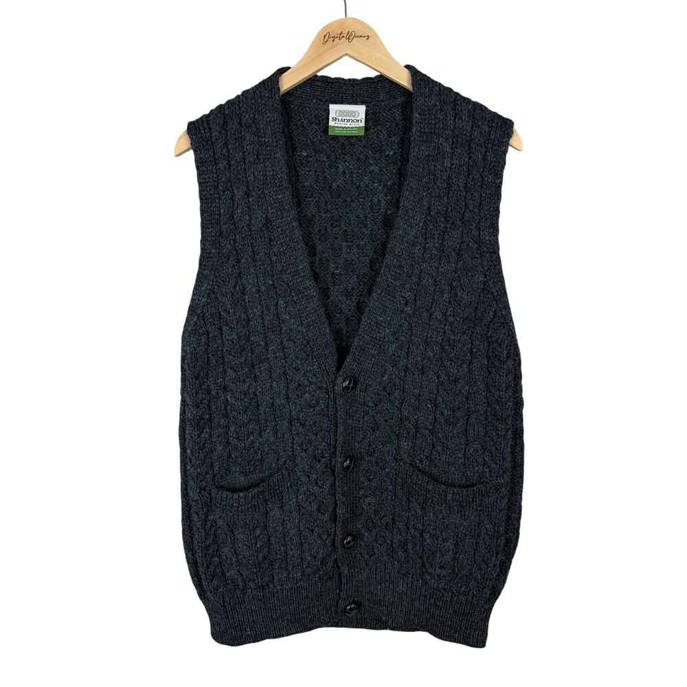 Shannon Woolen Mills Cable Knit Wool Sweater Vest Fisherman Ireland M Dark Gray